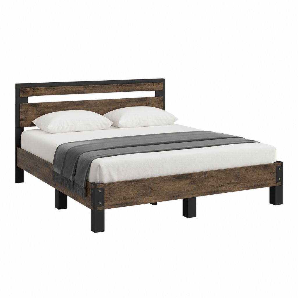 Bettgestell Doppelbett Dunkelbraun Schwarz Massivholz und Stahl 160 x 200 cm