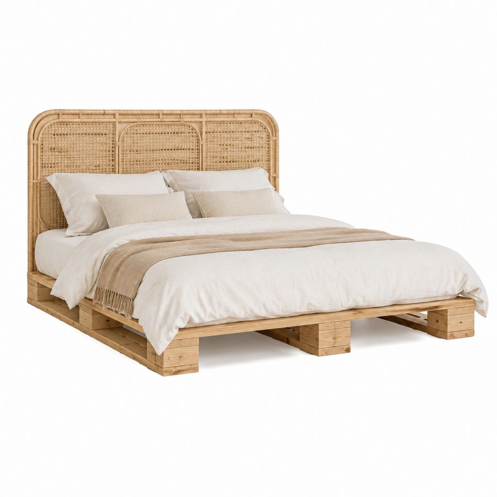 Doppelbettgestell Natur Massivholz Rattan Rechteckig 160 x 200 cm