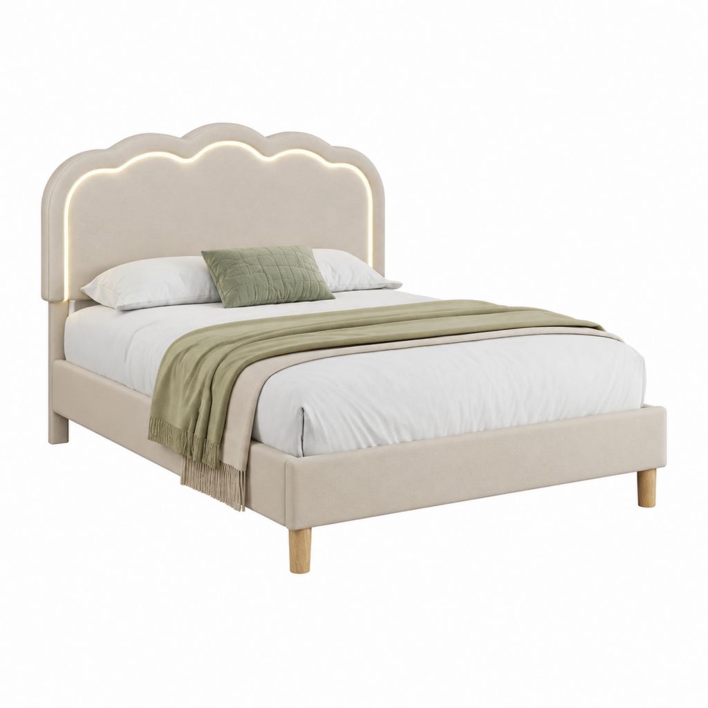Polsterbett Doppelbett Beige mit LED-Kopfteil und geschwungenem Kopfteil 160 x 200 cm