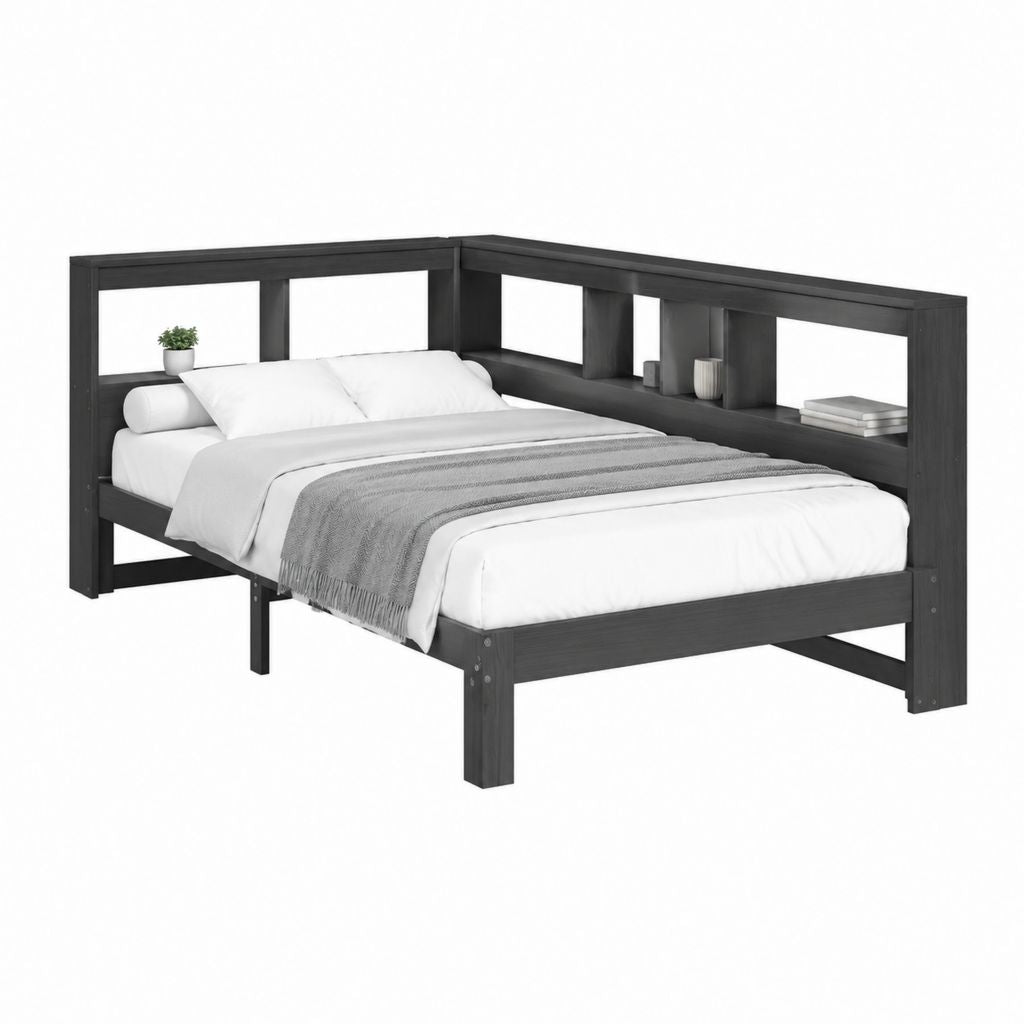 Bettgestell mit Ablagefächern Schwarz Massives Kiefernholz Rechteckig 160 x 200 cm
