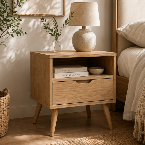 Skandinavischer Holz‑Nachttisch mit Schublade & offenem Fach