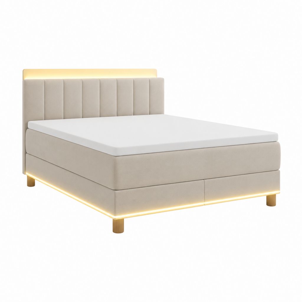 Boxspringbett mit LED-Beleuchtung Beige Polyestersamt Rechteckig 180 x 200 cm