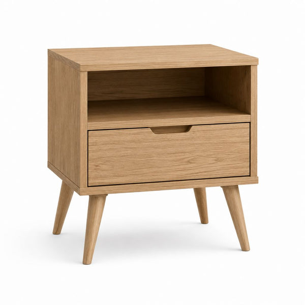 Skandinavischer Holz‑Nachttisch mit Schublade & offenem Fach