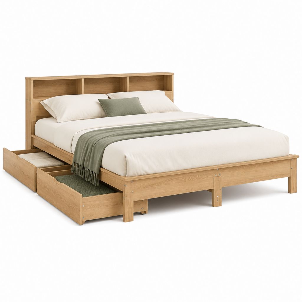 Doppelbett Bettgestell Eichenoptik Spanplatte rechteckig mit Stauraumschubladen 160 x 200 cm