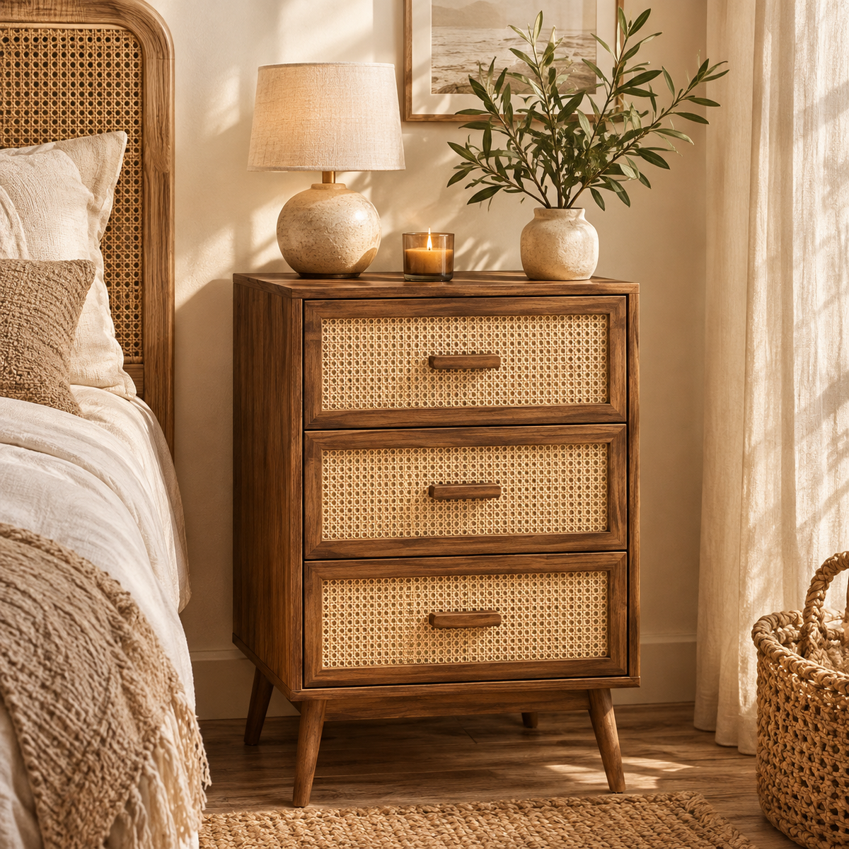 Nachttisch mit Rattan‑Front