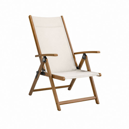 Verstellbarer Gartenliegestuhl aus Akazien-Massivholz mit cremefarbenem Polyesterbezug 58 x 75 x 110 cm