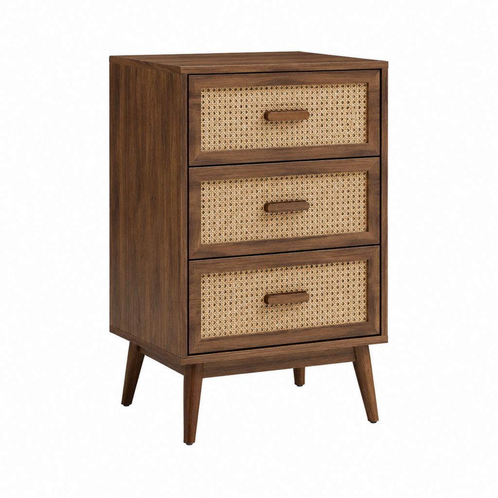 Nachttisch Braun mit Rattanfront aus MDF und Nussbaumfurnier rechteckig mit 3 Schubladen 45 x 35 x 75 cm