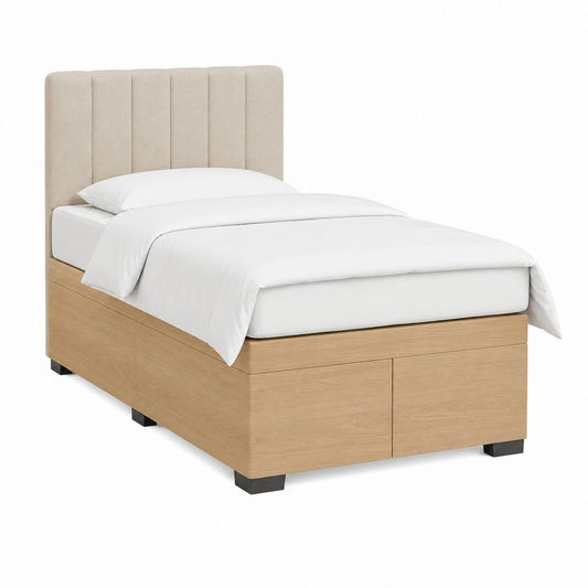 Stauraumbett mit gepolstertem Kopfteil 90 x 200 cm in Eiche Natur Beige mit 2 Schubladen